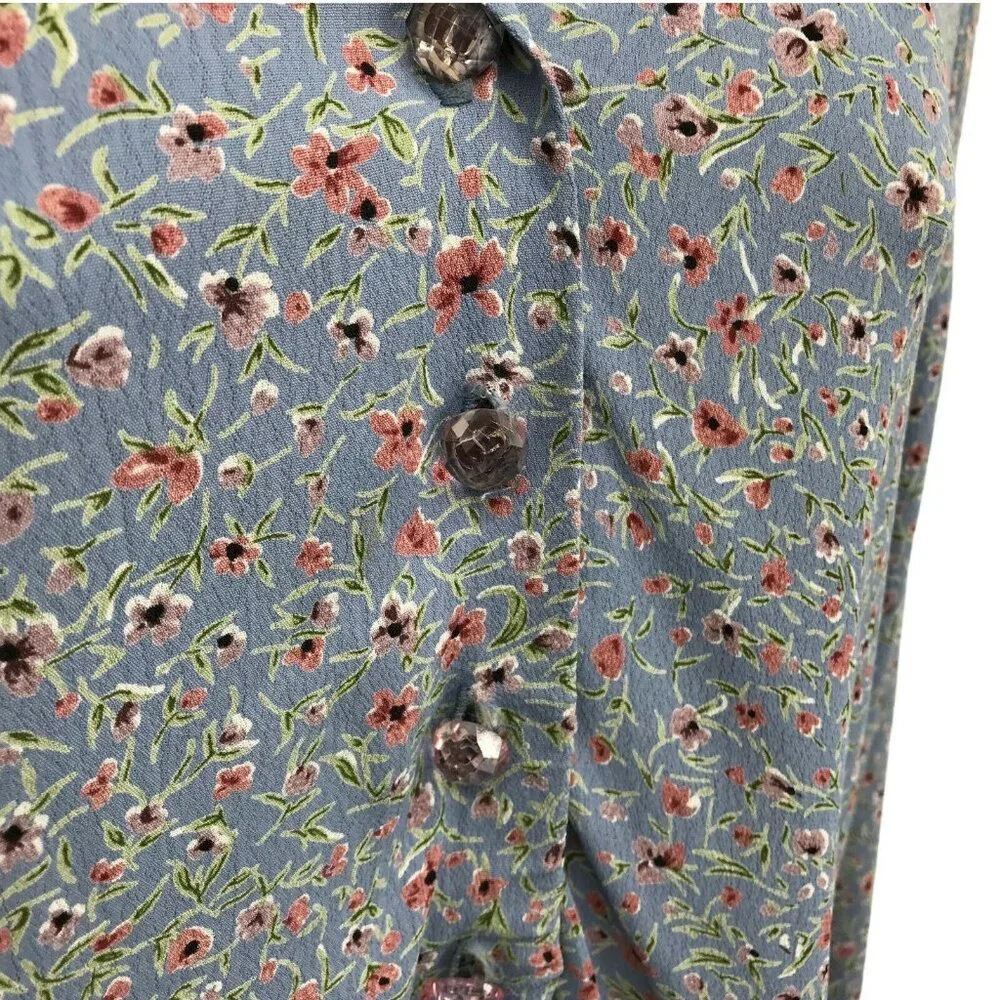 Zoe Womens Long Sleeve Floral Casual Button Front Blue Blouse Top Size Medium